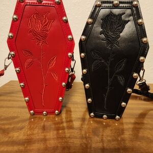 Red and Black Rose Embroidered Coffin Bag